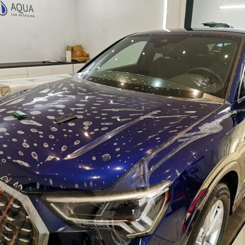 Audi Q3 zabezpieczenie całego frontu folią ochronną ppf, lakier zabezpieczony Grafenową powłoką ochronną, dodatkowo zabezpieczono felgi i szyby